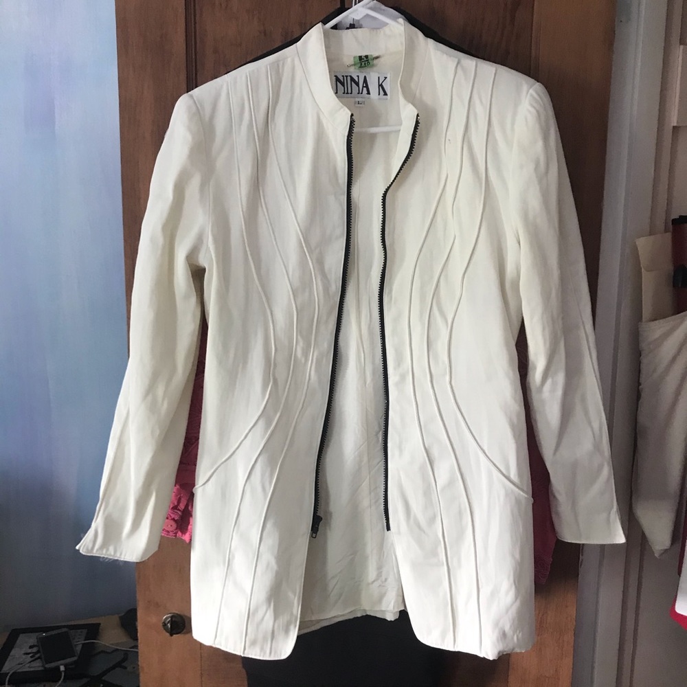 Y2K Vintage Nina K white jacket blazer fitted zipper padded shoulders women’s L
